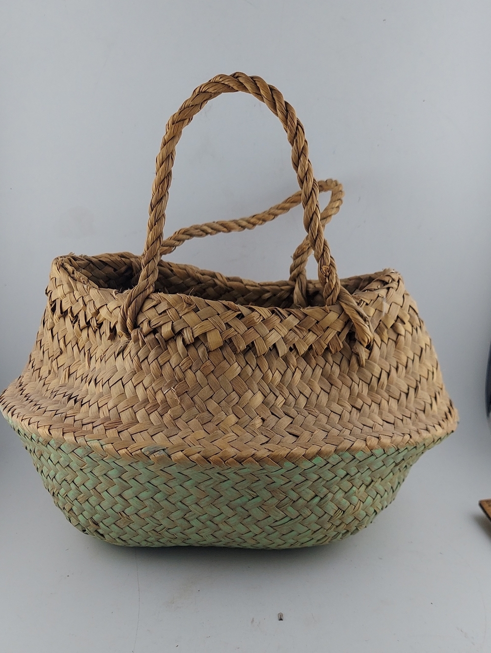 Woven Straw Basquet With Handles with Green Accent